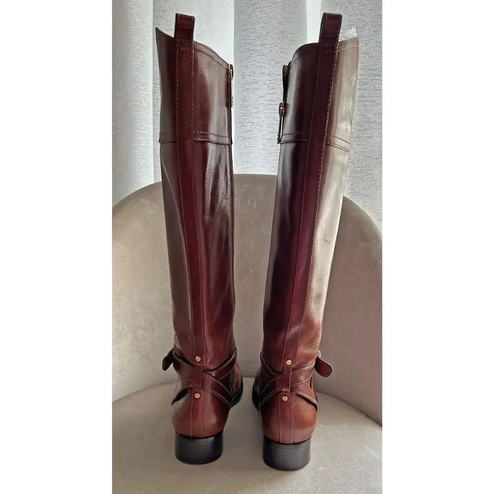 Tory Burch Brita Brown Leather Riding Boots 22138519, Side Zip, Size 6.5M